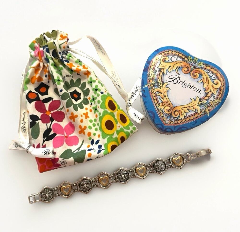 Vintage BRIGHTON RETIRED Mai Jin Heart Bracelet Two Tone Silver Gold Tin & Pouch